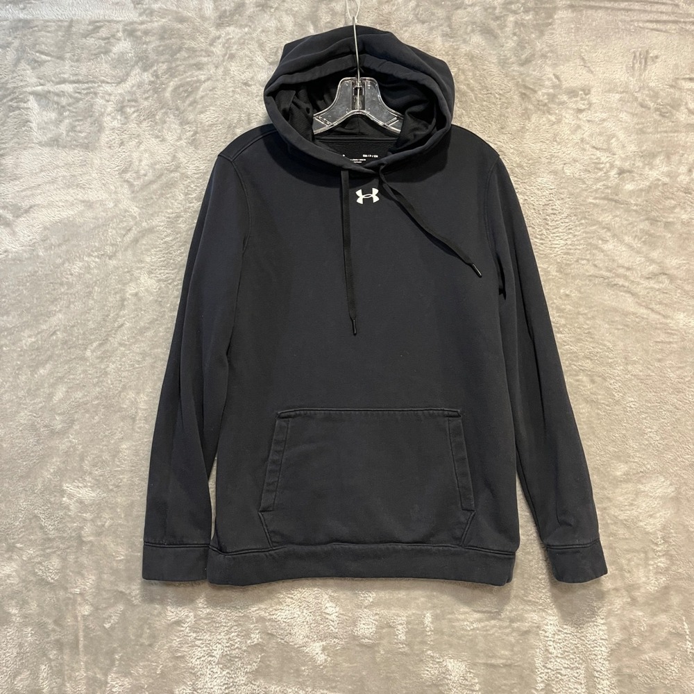 Under Armour Hoodie Womens Small Black Fleece Pullover Logo Loose Fit Distressed